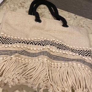 Over Sized Beach Bag. Fringe detail. Gold thread.
